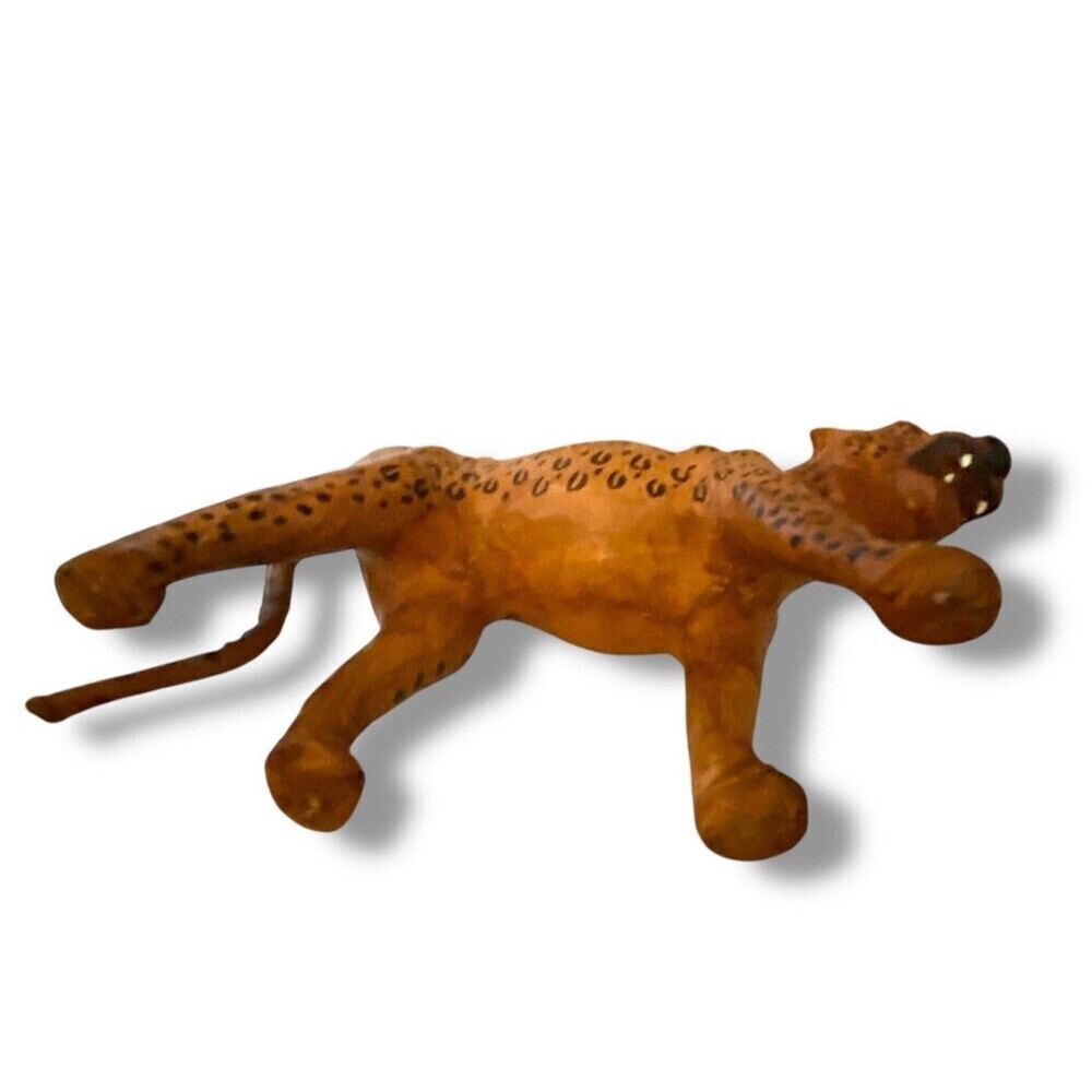 Vintage Leather Wrapped Leopard Cheetah Cat Glass Eyes 16”L x 10” Shelf Style - Picture 8 of 9